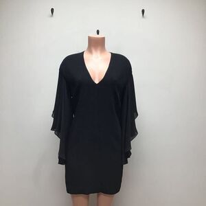Ralph Lauren Black Label Shift Dress Black Chiffon V Neck 3/4 Slv Angel Wing 6